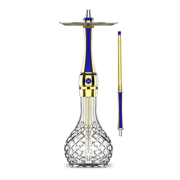 Gold and blue luxury crystal shisha pipe with ornate glass base and matching hose