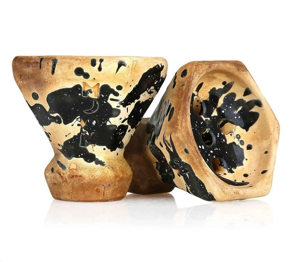 Handcrafted clay hookah bowls with black and tan splatter pattern, two shown