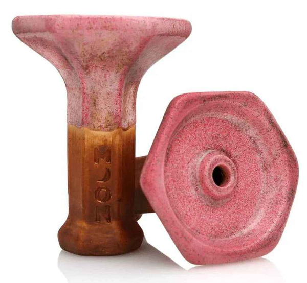 Pink ceramic shisha bowl with hexagonal top and natural brown base, close-up view.