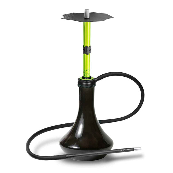 Modern green shisha pipe with black glass base and silicone hose on white background