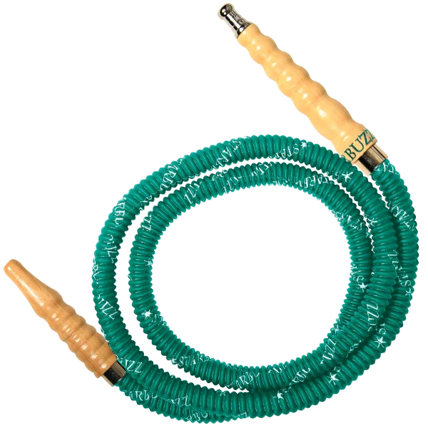 Green hookah hose with wooden handles and spiral design on white background