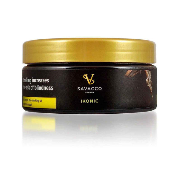 Savacco Ikonic shisha tobacco tin with gold lid and health warning label
