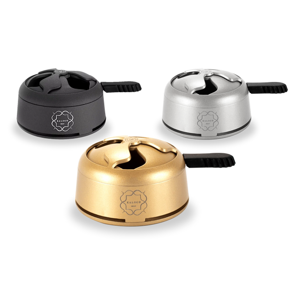 Three lotus-style hookah heat management devices in black, silver, and gold colors