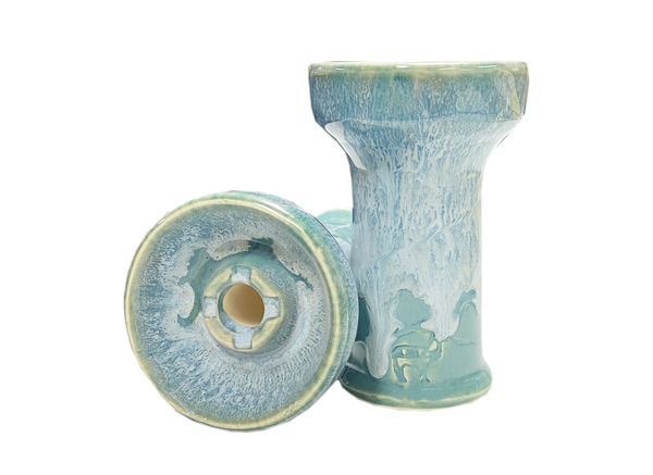 Blue ceramic shisha bowl with unique glazed finish, displayed upright and on its side.