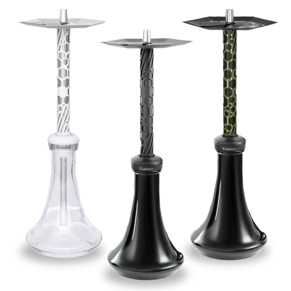 Three modern shisha pipes with hexagon patterns and glass bases in different colors