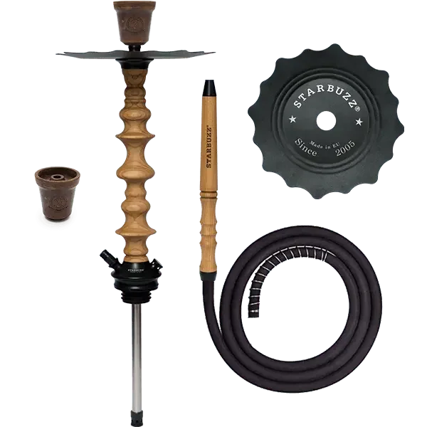 Oak wood hookah set with Starbuzz hose, bowl, and charcoal tray on white background