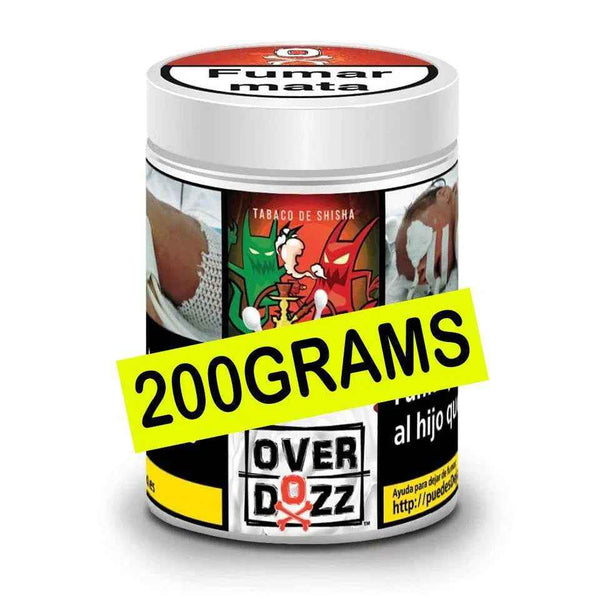 Overdozz 200g shisha tobacco container with warning labels and colorful design