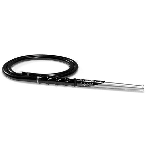 Black and silver hookah hose with ergonomic handle on white background
