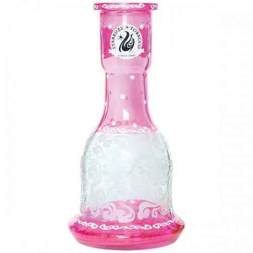 Pink glass shisha base with white decorative patterns, star accents and a logo near the neck.