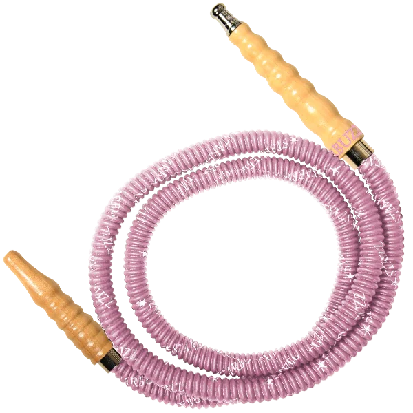 Pink hookah hose with beige wooden handles, coiled on a white background