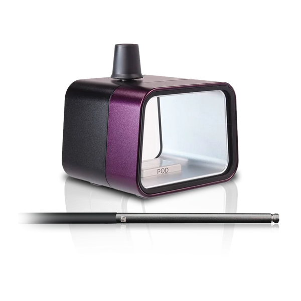 Modern portable shisha device in purple and black with clear chamber and black mouthpiece