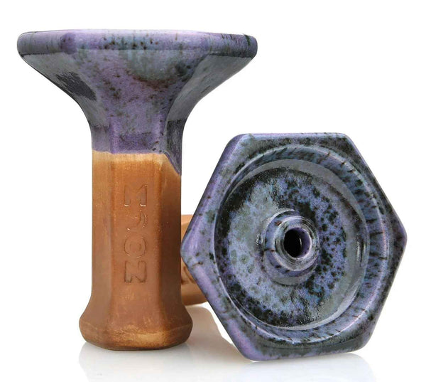 Purple ceramic hookah bowl with hexagonal design and speckled glaze