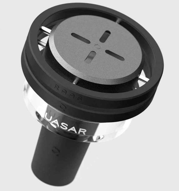 Modern black and silver hookah heat management device with UASAR branding on clear background