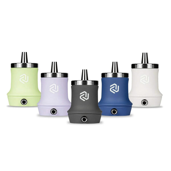 Five modern compact shisha hookah bases in pastel colors on white background