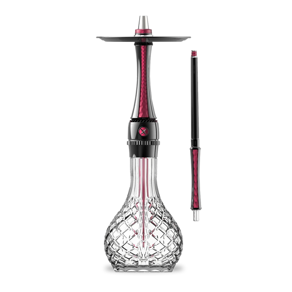 Modern glass shisha pipe with red and black accents, detailed textured base, and hose