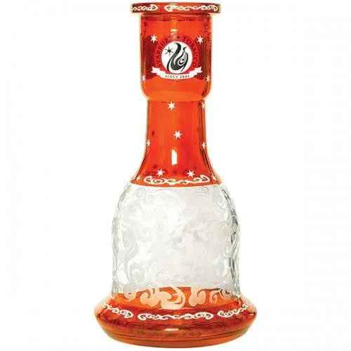 Red and clear glass shisha vase with white ornate patterns and decorative details.