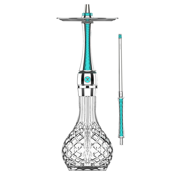 Modern crystal hookah with silver and blue accents and matching metal hose on white background