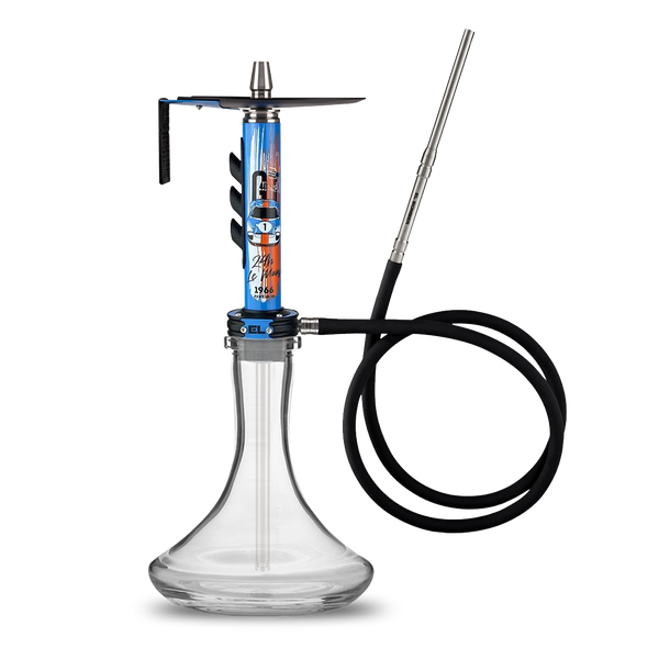 Modern hookah with clear glass base, blue racing-themed stem, and black silicone hose.