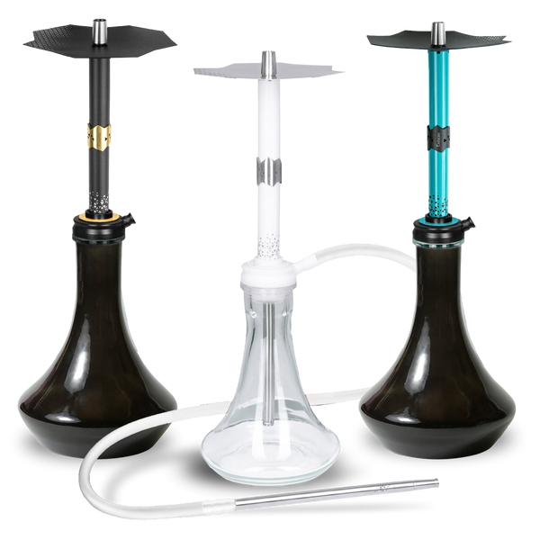 Three modern shisha hookahs with colored stems and glass bases, including hoses.