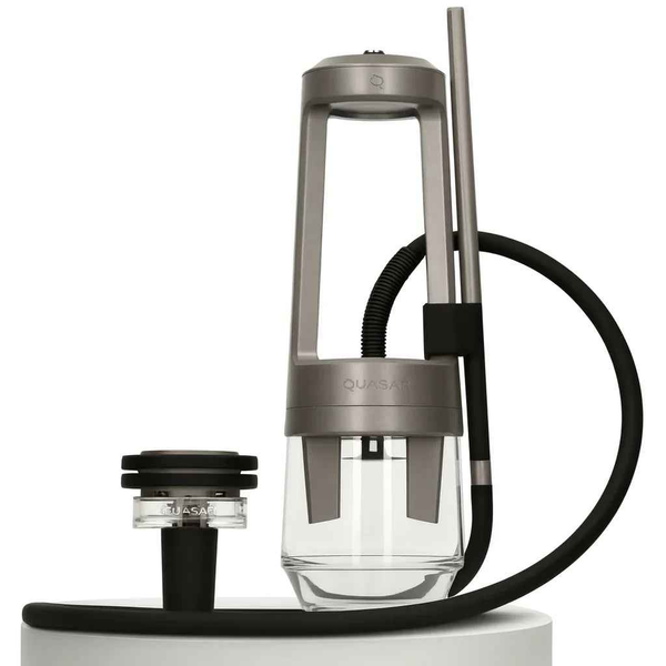Modern Quasar hookah with glass base, metal frame, silicone hose, and detachable bowl