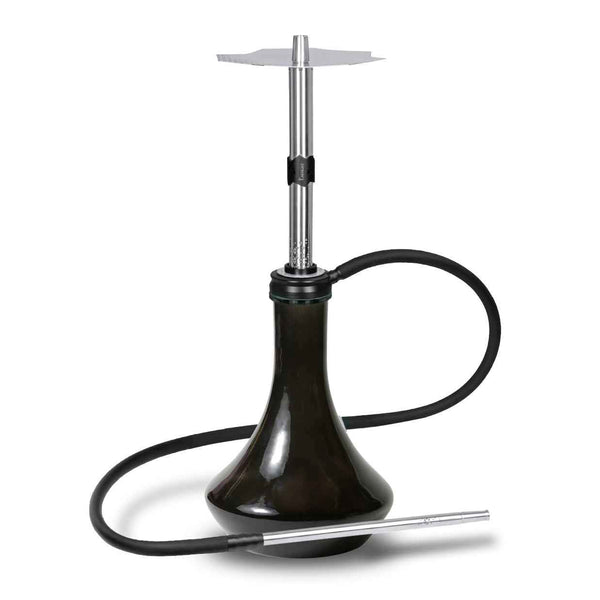 Modern silver hookah with black glass base and hose on white background