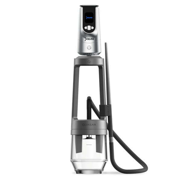 Modern silver hookah with glass base and black silicone hose for shisha smoking