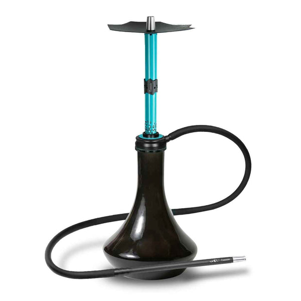Modern teal hookah with black base, long hose, and metal mouthpiece on white background
