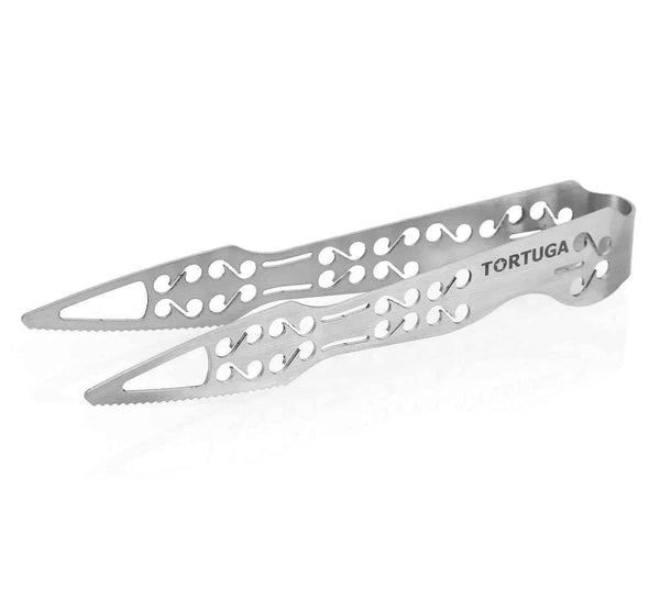 Stainless steel hookah charcoal tongs with decorative cutouts and TORTUGA logo