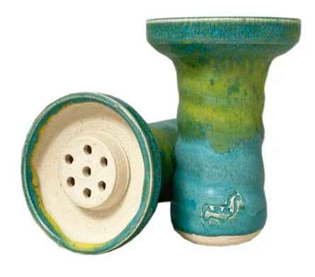Unglazed ceramic shisha bowl with blue and green glaze, multiple holes, side stamp