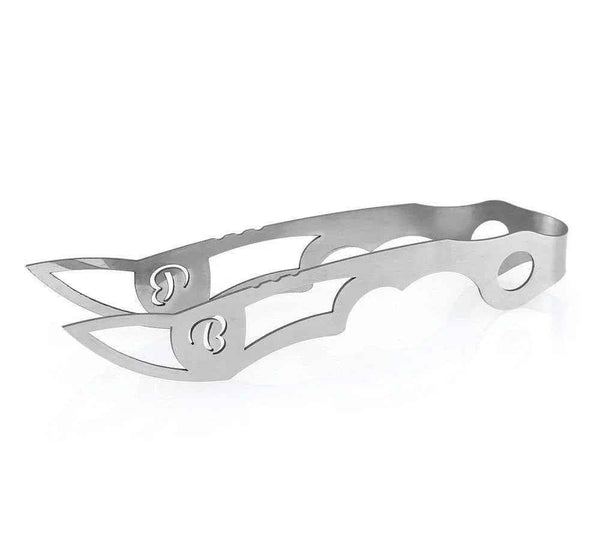 Stainless steel hookah charcoal tongs with decorative cutouts on white background
