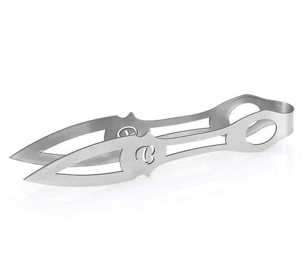 Stainless steel vintage shisha coal tongs with cutout design on a white background