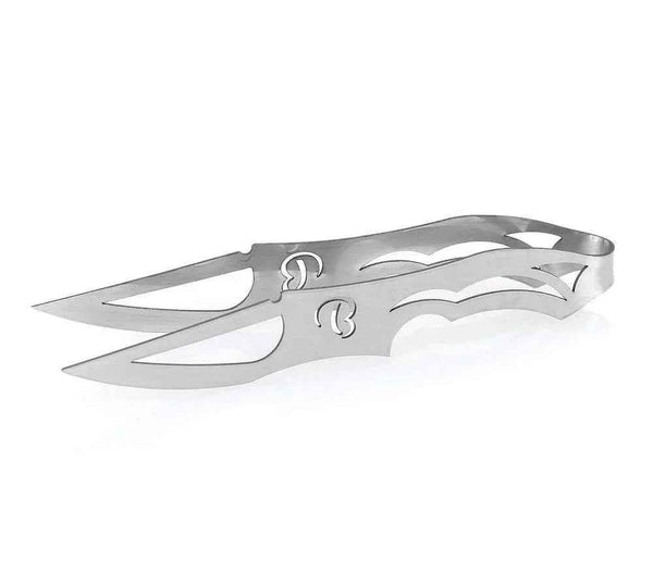 Stainless steel shisha charcoal tongs with cutout design on white background