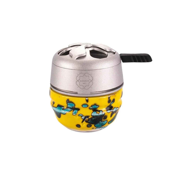 Yellow and blue ceramic hookah bowl with metal heat management device on top