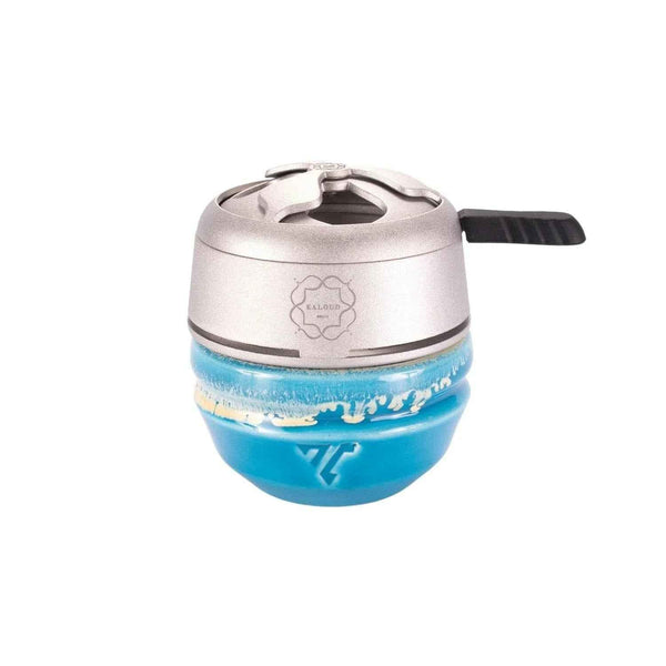 Blue ceramic phunnel shisha bowl with metal heat management device on white background