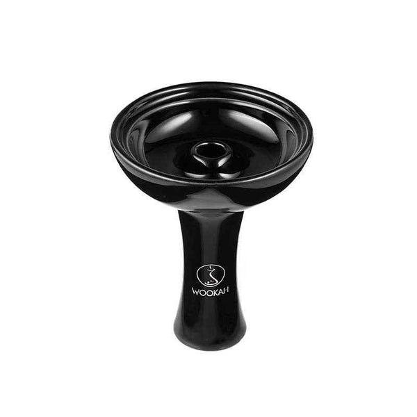 Black ceramic hookah bowl with Wookah logo, funnel style, on white background