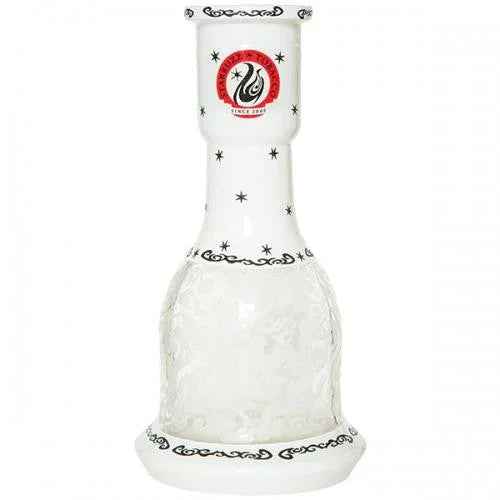 White hookah base with black decorative accents and clear textured glass, photographed on white background