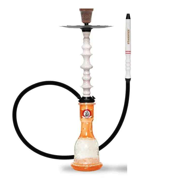 Modern white and orange hookah with ceramic bowl, wide base, and black silicone hose