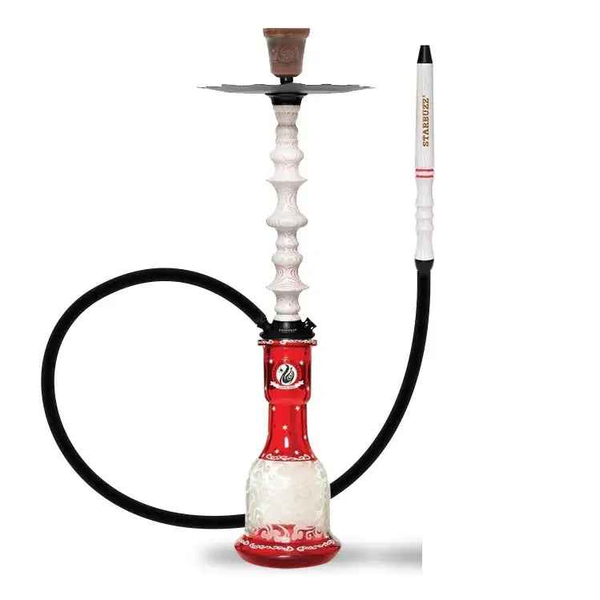Red and white hookah with ornate design and black hose on a white background