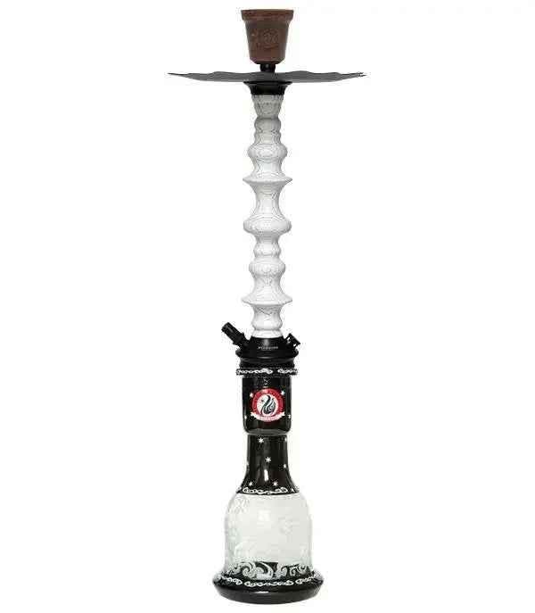 White and black modern hookah with intricate glass base and decorative stem.
