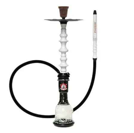 Modern hookah with white and black stem, glass base, black hose, and clay bowl