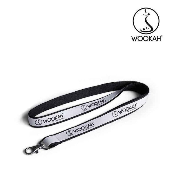 Black and white Wookah lanyard with hook clasp, Wookah logo visible, isolated on white background