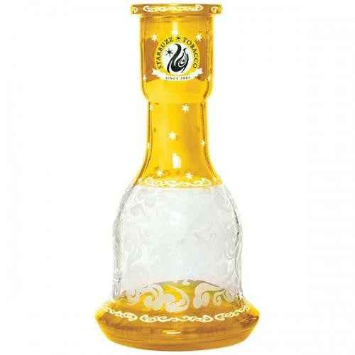 Yellow glass hookah base with intricate white decorative patterns and clear detailing