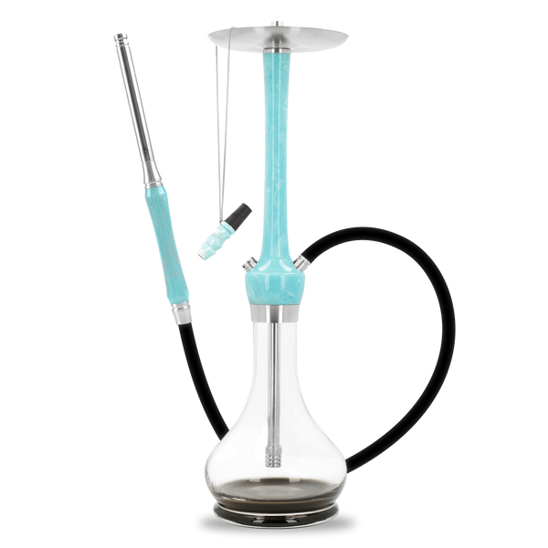 Modern glass hookah with blue stem, silver tray, black hose, and matching mouthpiece