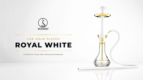 Wookah Royal White 24K Gold Plated hookah set on a clean white background, featuring a white glass base, gold-plated metal accents, and a white mouthpiece with gold trim.