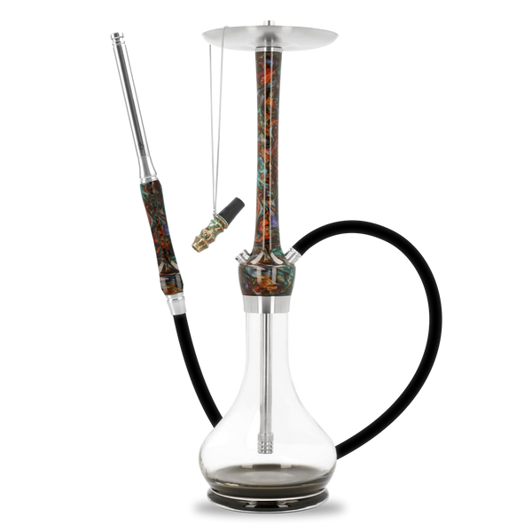Modern shisha pipe with colorful resin stem, clear glass base, black hose and metal mouthpiece
