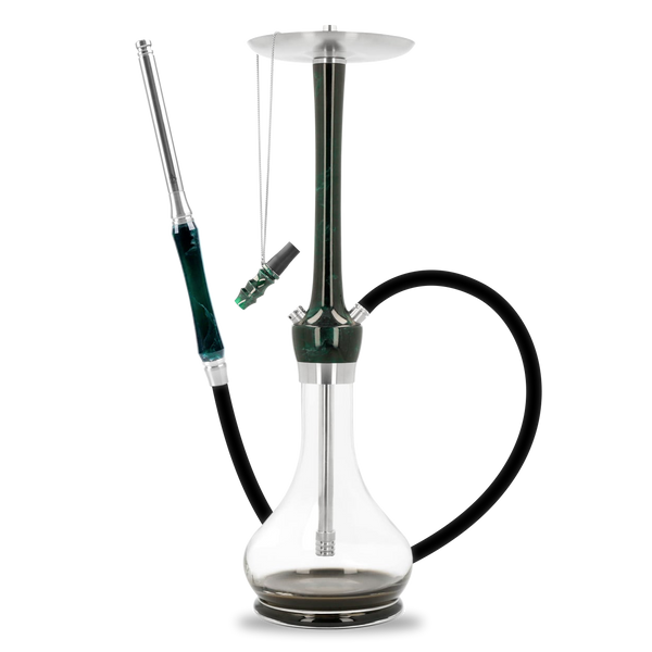 Modern glass shisha pipe with black hose and green-marble stem on white background