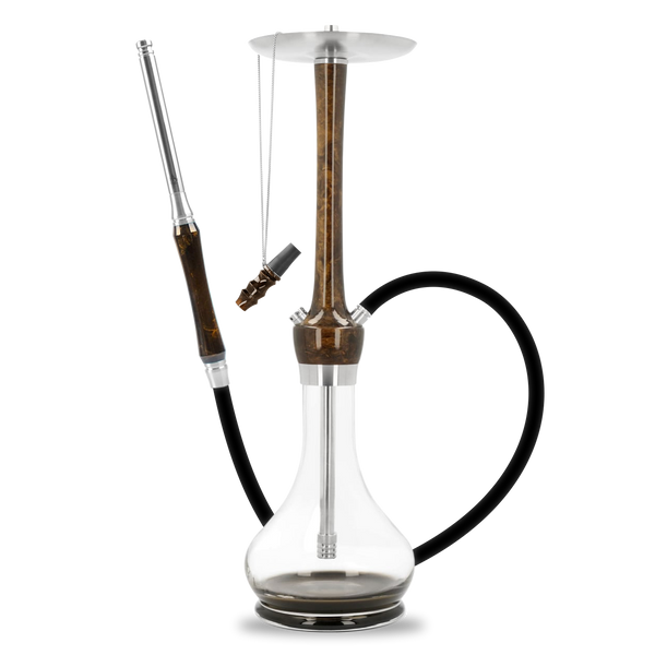 Modern glass hookah with brown wood stem, metal tray, and black silicone hose