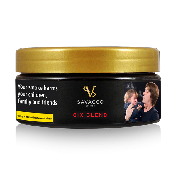 SAVACCO London 6IX Blend shisha tobacco container with warning label and image of a child exposed to smoke.