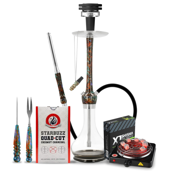 Modern glass hookah set with colorful stem, charcoal, burner, tongs, and tools included