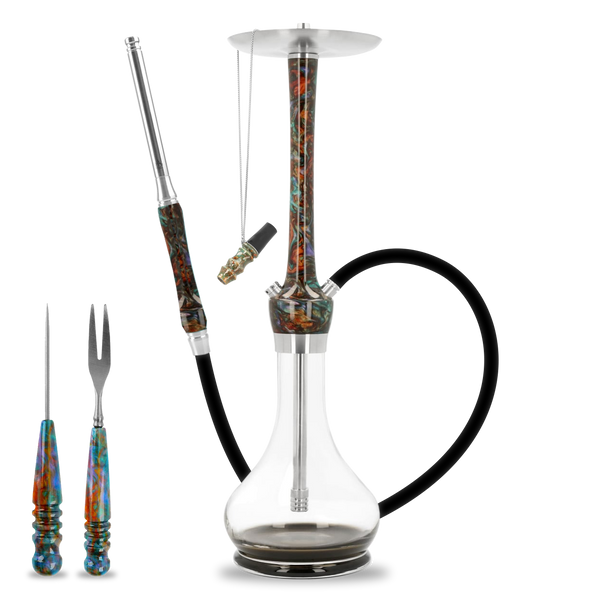 Modern glass hookah with colorful marbled stem, hose, and shisha tools on white background